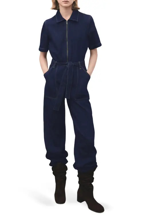 MANGO Belted Denim Jumpsuit in Open Blue at Nordstrom, Size Small | Nordstrom
