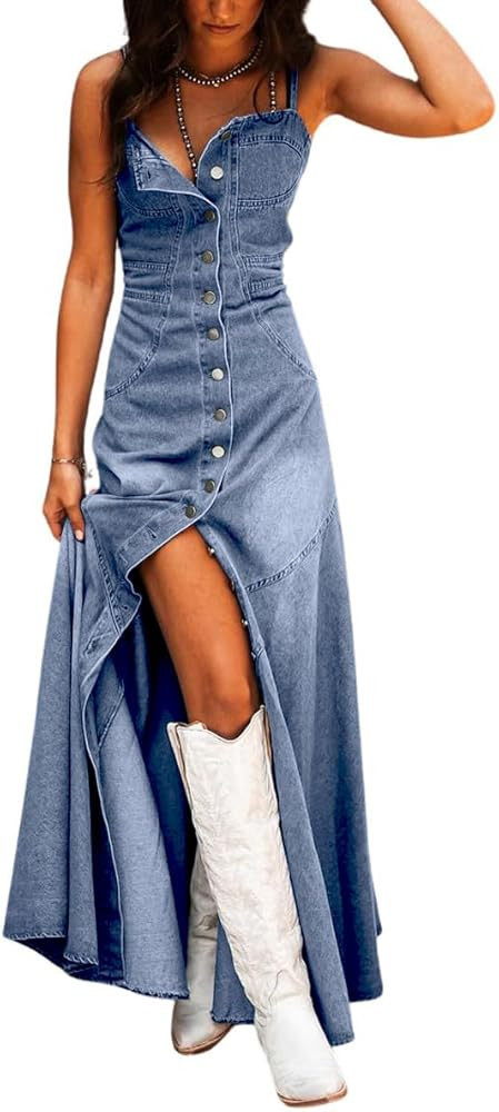 chouyatou Women's Spaghetti Strap Smocked Back Denim Dress Button Down A-Line Swing Flowy Maxi Je... | Amazon (US)