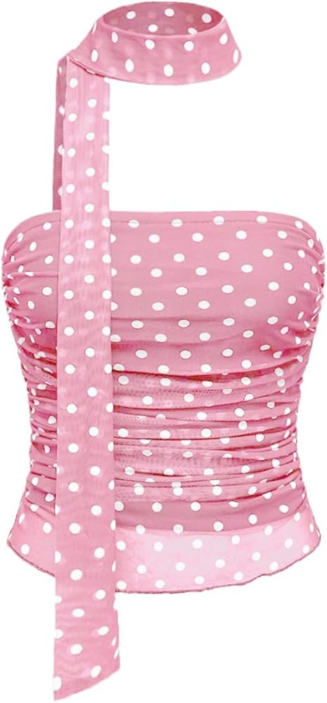 BAIGRAM Women Polka Dot Sheer Mesh Crop Tube Tops Going Out Sexy Outfits Backless Ruched Straples... | Amazon (US)