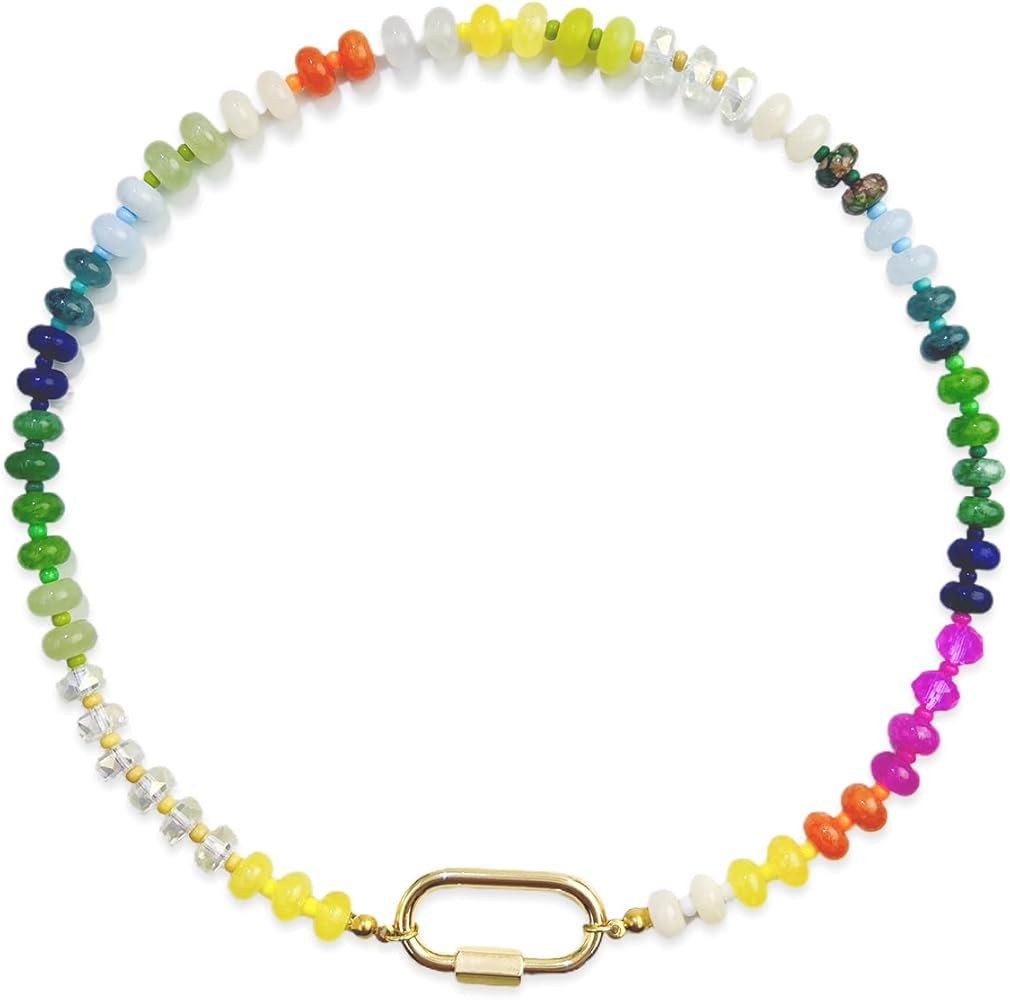 Colorful Beaded Necklace Rainbow Stone Beaded Necklace Natural Stone Beaded Necklace Boho Beads C... | Amazon (US)