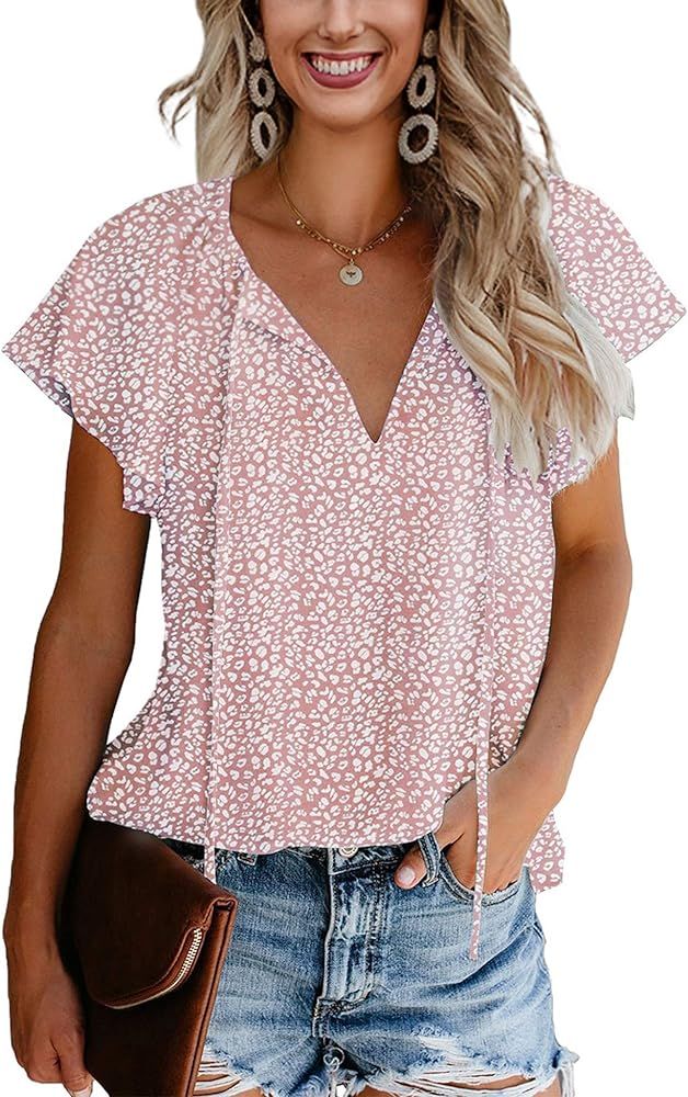 Women Casual Boho Shirts Floral Print V Neck Long Sleeve Drawstring Tops Loose Blouses | Amazon (US)