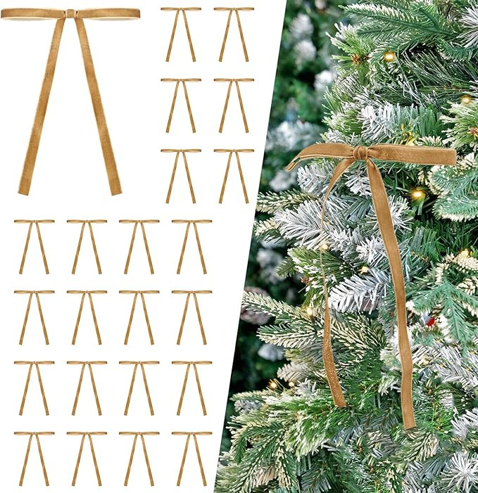 Set of 24 Khaki Brown Velvet Bows Ornaments for Christmas Tree, Vintage Velvet Christmas Bows Tre... | Amazon (US)