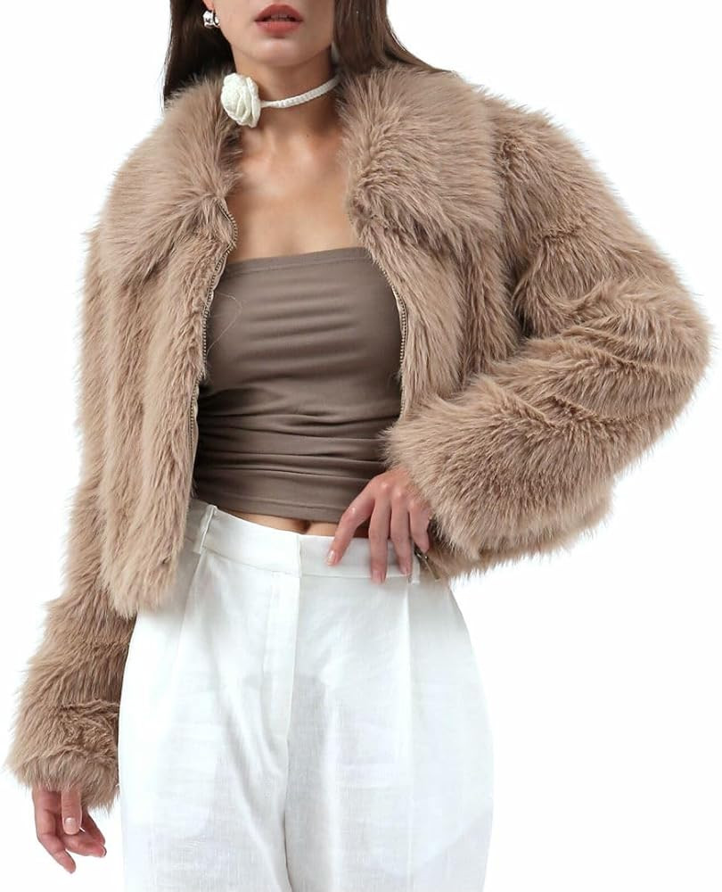 Amazhiyu Womens Faux Fur Zip-Up Cropped Jacket Long Sleeve Warm Winter Coat | Amazon (US)