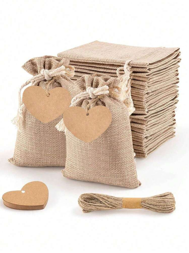 20sets Premium Burlap Gift Bags With Drawstring And Love Design Gift Tags & String, 4x6 Inch Reus... | SHEIN