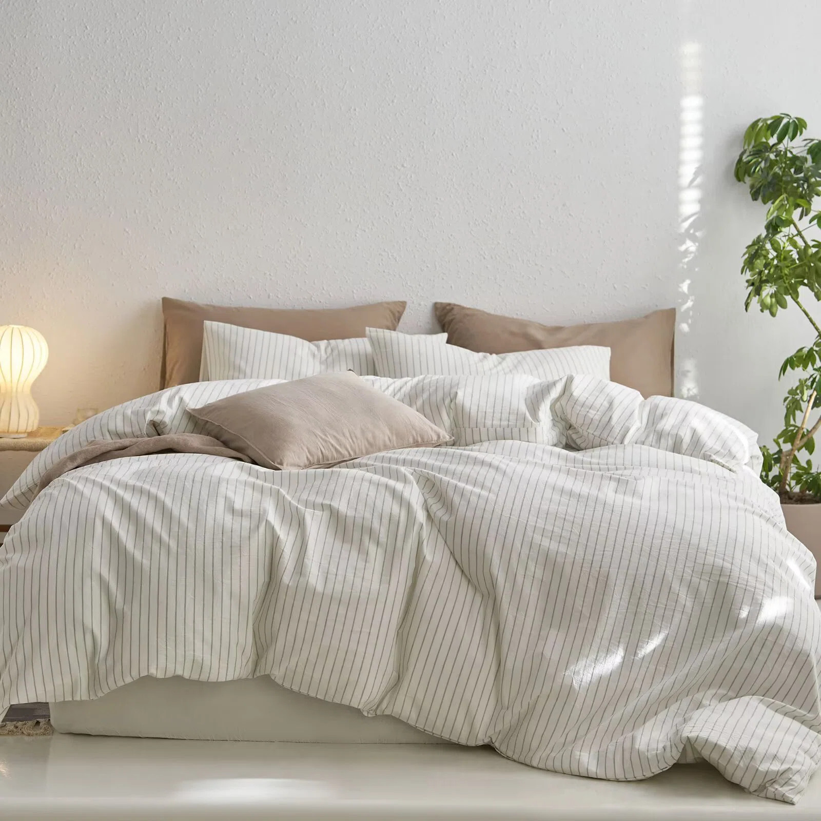 MooMee Striped Duvet Cover Set 100% Washed Cotton Linen Like Textured | Wayfair North America