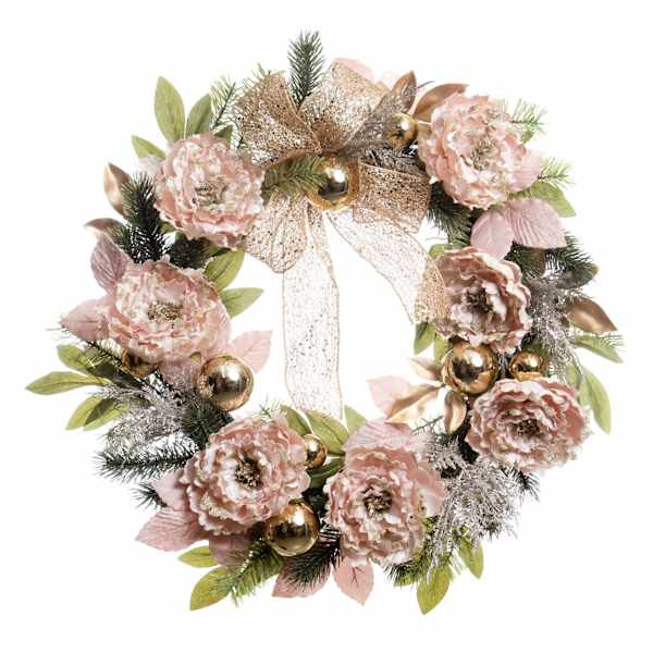 Pink Glittered Peony & Pine Wreath, 24" | At Home