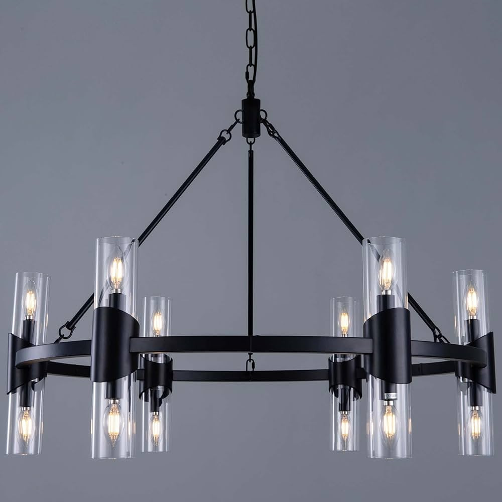 Wellmet Black Farmhouse Chandelier 38 inch, 12 Lights Modern Wagon Wheel Chandeliers for Dining R... | Amazon (US)