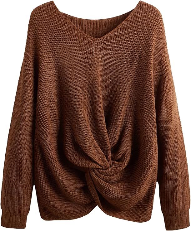 Floerns Women's Plus Size Casual Twist Hem V Neck Long Sleeve Sweater Tops | Amazon (US)