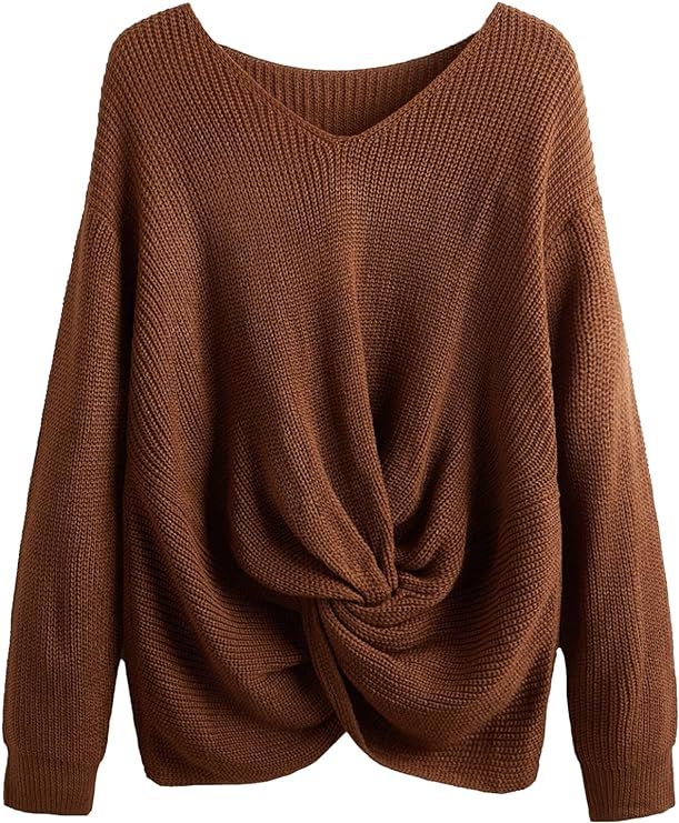 Floerns Women's Plus Size Casual Twist Hem V Neck Long Sleeve Sweater Tops | Amazon (US)