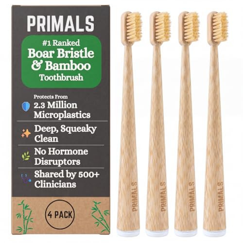 PRIMALS Boar Bristle & Bamboo Toothbrush (4-Pack) - Premium Boar Bristles - Fully Biodegradable - Plastic & Nylon Free - Quick Dry Design | Amazon (US)