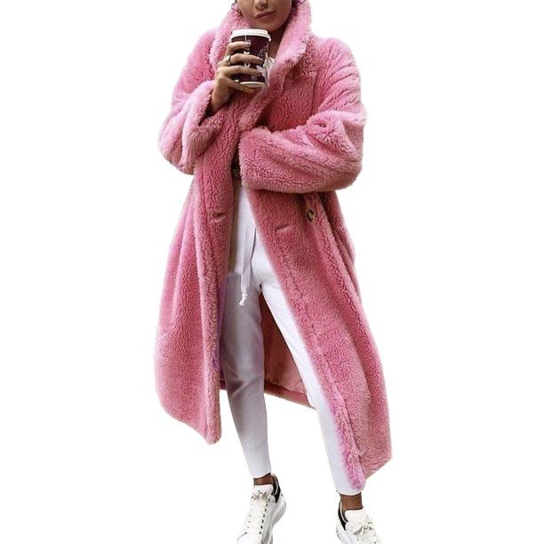 Women's Winter Lapel Teddy Bear Long Trench Parka Coat Maxi Faux Fur Fluffy Jacket Warm Outwear O... | Walmart (US)
