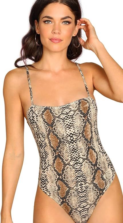 Women's Sexy Spaghetti Strap Snake Skin Print Cami Bodycon Bodysuit Tops | Amazon (US)