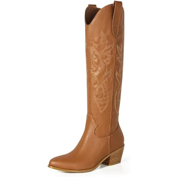 Athlefit Women's Western Embroidered Cowboy Boots Pointed Toe Chunky Heel Pull On Knee High Boots | Amazon (US)