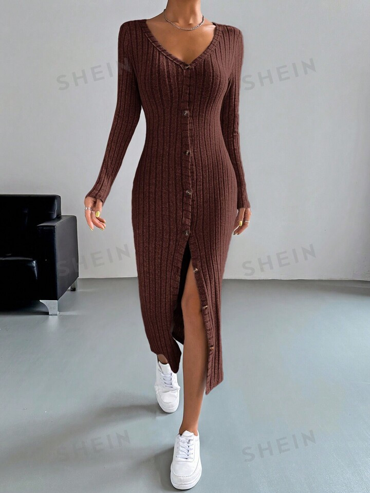SHEIN EZwear Button Through Ribbed Knit Bodycon Dress | SHEIN