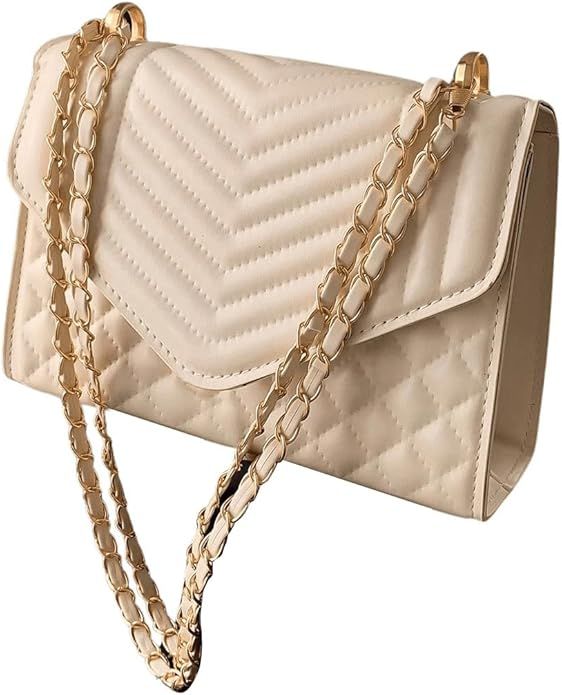 QWINEE Women's Chevron Pattern PU Leather Shoulder Bag Quilted Flap Chain Strap Crossbody Bags | Amazon (US)