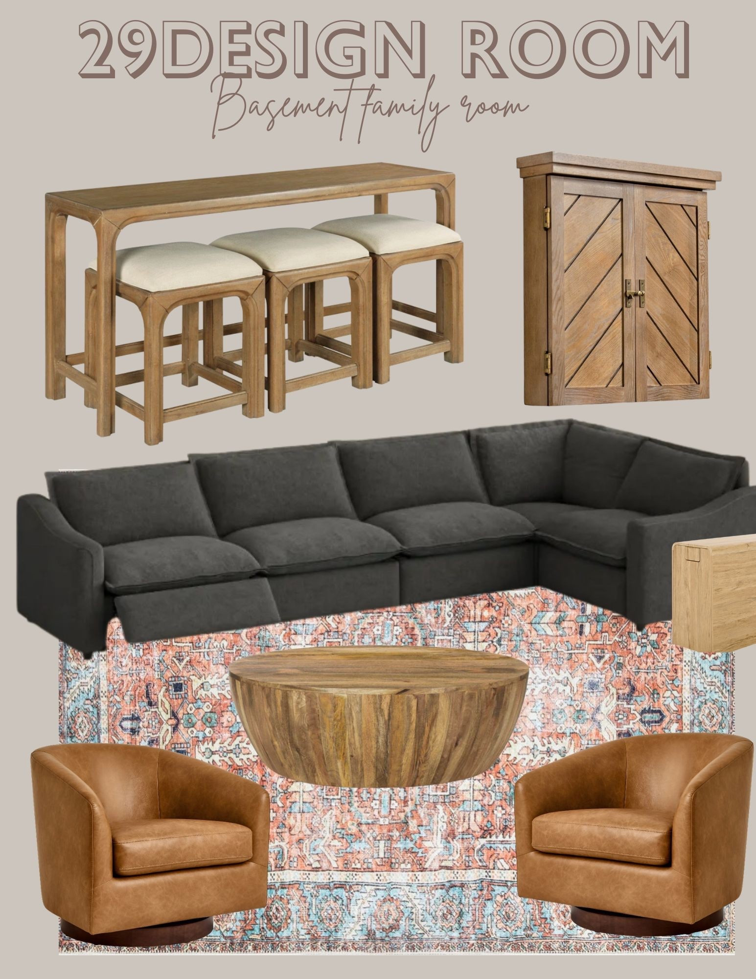 Basement family room
Charcoal reclining sectional
Dark reclining sectional
Bright rug
Orange rug 
Leather swivel chairs 
Darts
Bar furniture 

#LTKHome