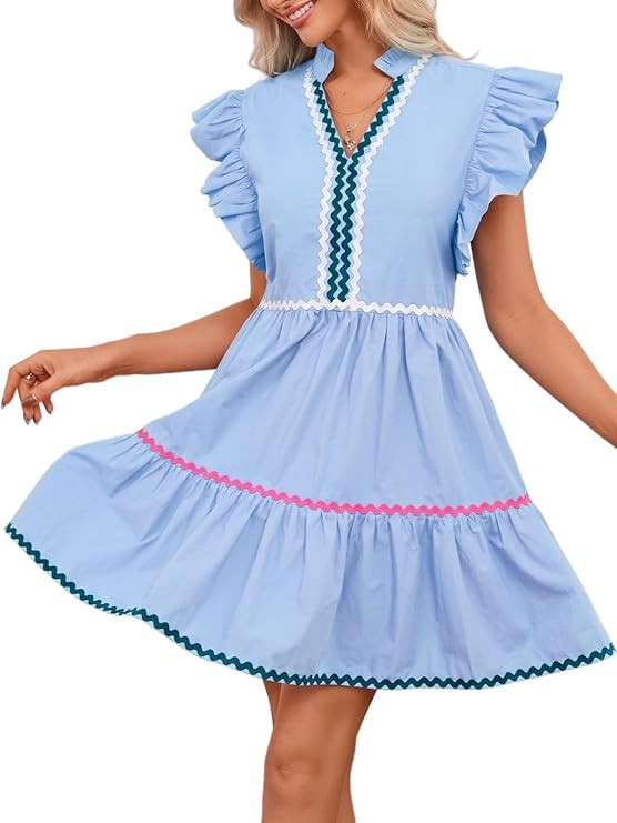 LifeShe Women's Summer Mini Dress V Neck Flutter Sleeve Babydoll Dresses Striped Ruffle A Line Be... | Amazon (US)