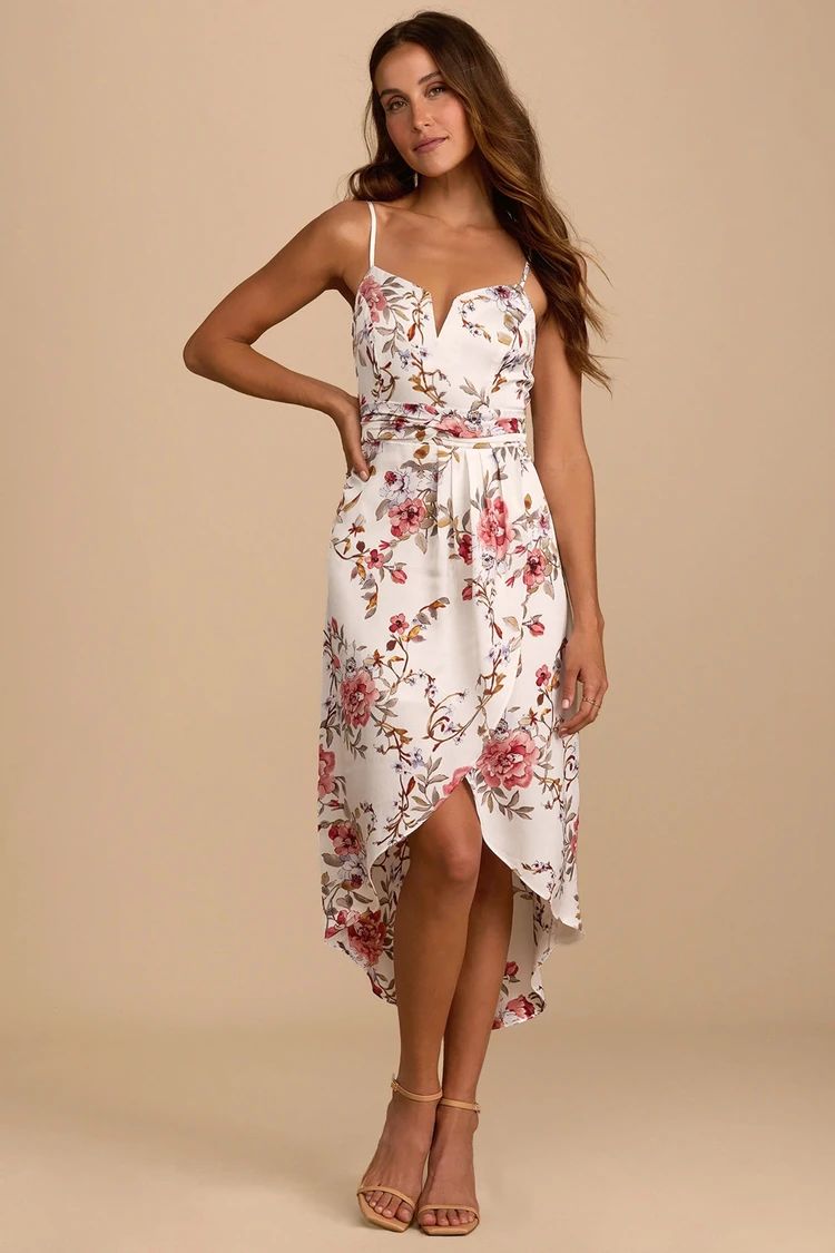 My Favorite Day Ivory Floral Print Tulip Skirt Midi Dress | Lulus