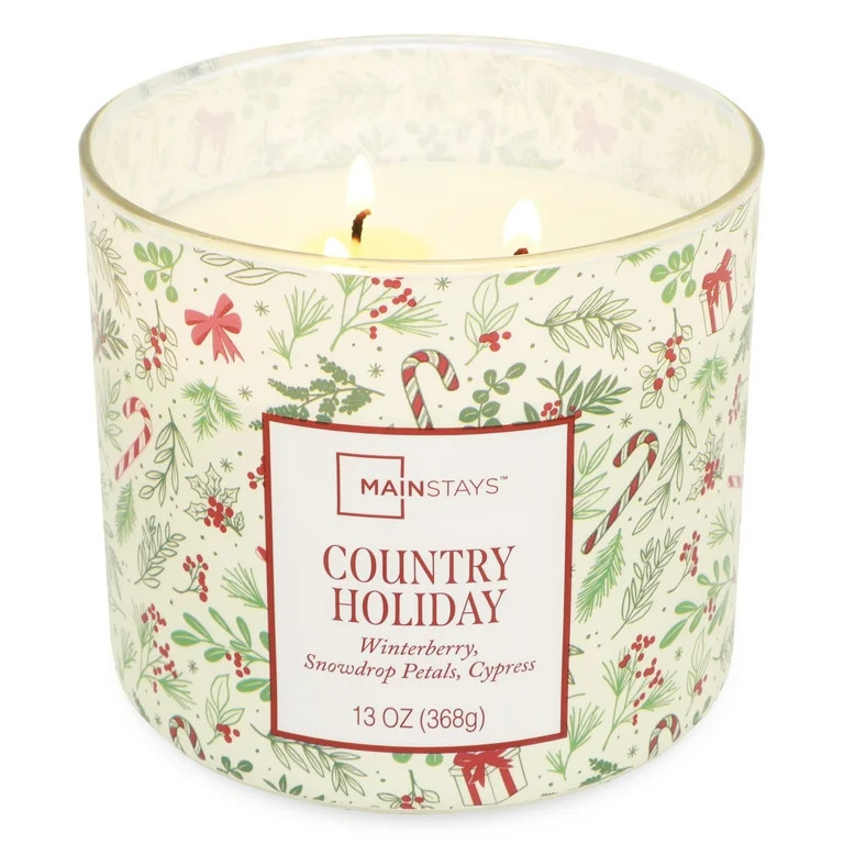 Mainstays 3-Wick Country Holiday Scented Candle with a White Garland Toss Scene Wrap, 13-Ounce | Walmart (US)