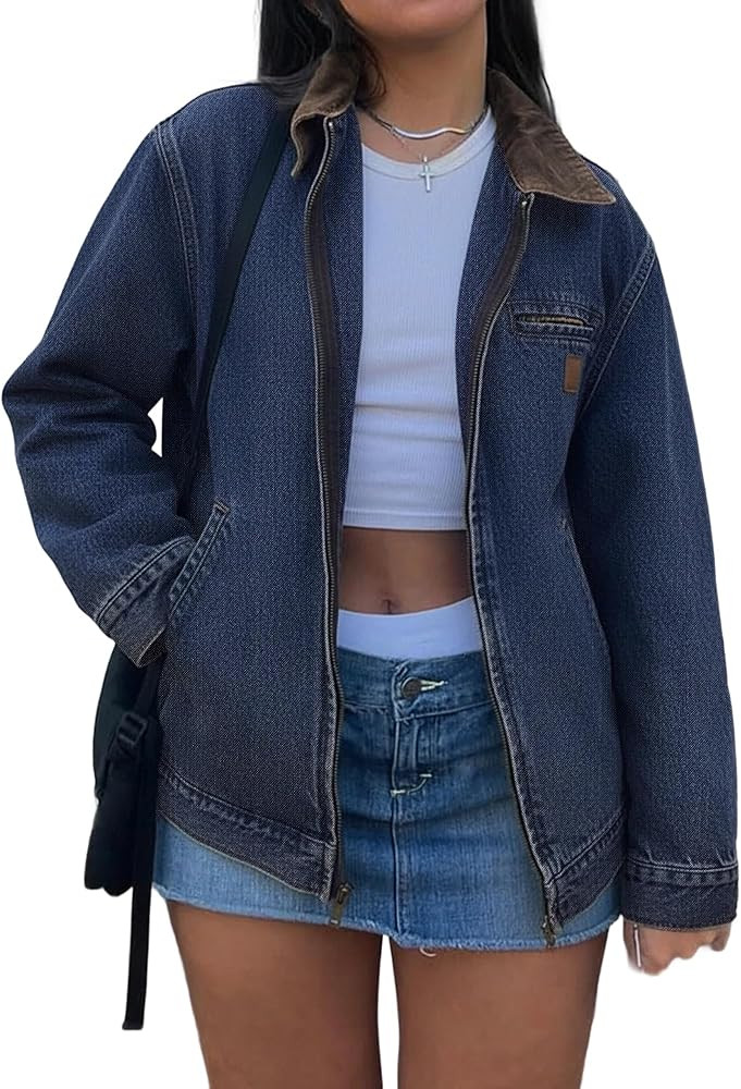 EMMIOL Barn Jean Jacket for Women Cropped Zip Up Denim Jackets | Amazon (US)