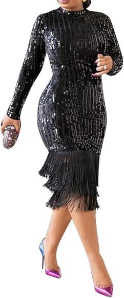 Cololura Sexy Elegant Women Sequin Tassel Bodycon Midi Dress Party Evening Gown Formal Dress | Amazon (US)