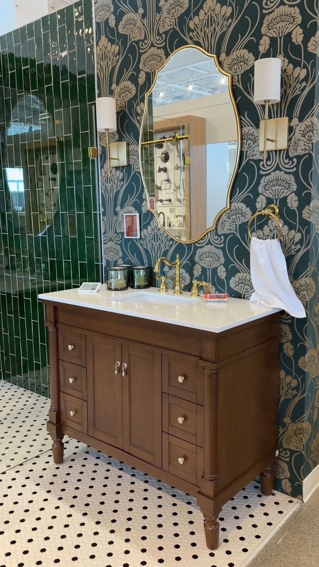 Wayfair bathroom inspiration! 💫 The Lexington 42” Bathroom Vanity has such a high-end, luxe look with its rich brown finish, beautiful countertop, and generous storage. 🤎 Paired with Antonina Vella Deco Damask wallpaper and gold brass fixtures, I love how this bathroom blends classic details with a fresh, contemporary feel. 🦚 I’ve linked the entire look in my LTK! ✨ @Wayfair #bathroominspo #bathroomvanity #bathroomdesign

#LTKHome #LTKSaleAlert