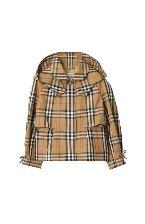 burberry Check Cotton Hooded Trench Jacket in Sand Beige at Nordstrom, Size 6 | Nordstrom