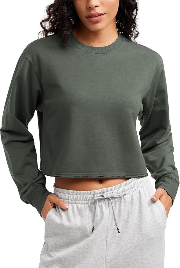 CRZ YOGA Womens Fleece Cropped Sweatshirts Crewneck Long Sleeve Sweat Shirts Double Raw Hem Worko... | Amazon (US)