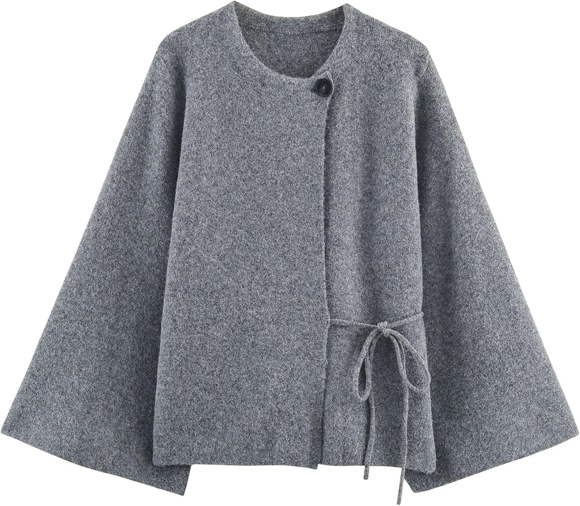 Chevara Women’s Tie Front Cardigan Sweater Elegant Crewneck Long Sleeve Solid Color Fall Knit C... | Amazon (US)