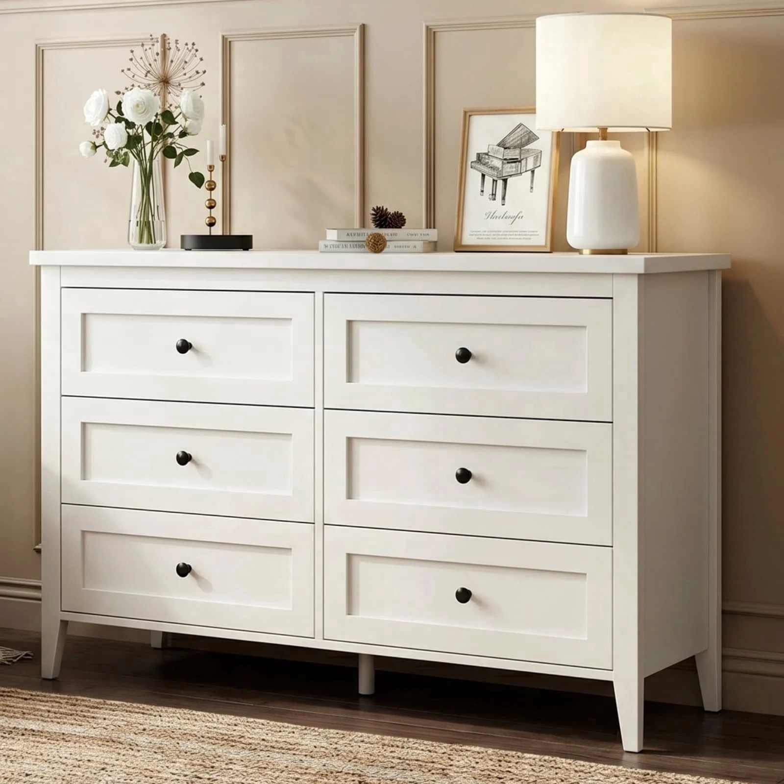 RichYa 6 Drawer Dresser for Bedroom,Chest of Drawers with Metal Knobs,Dresser for Closet,Kids,Whi... | Walmart (US)