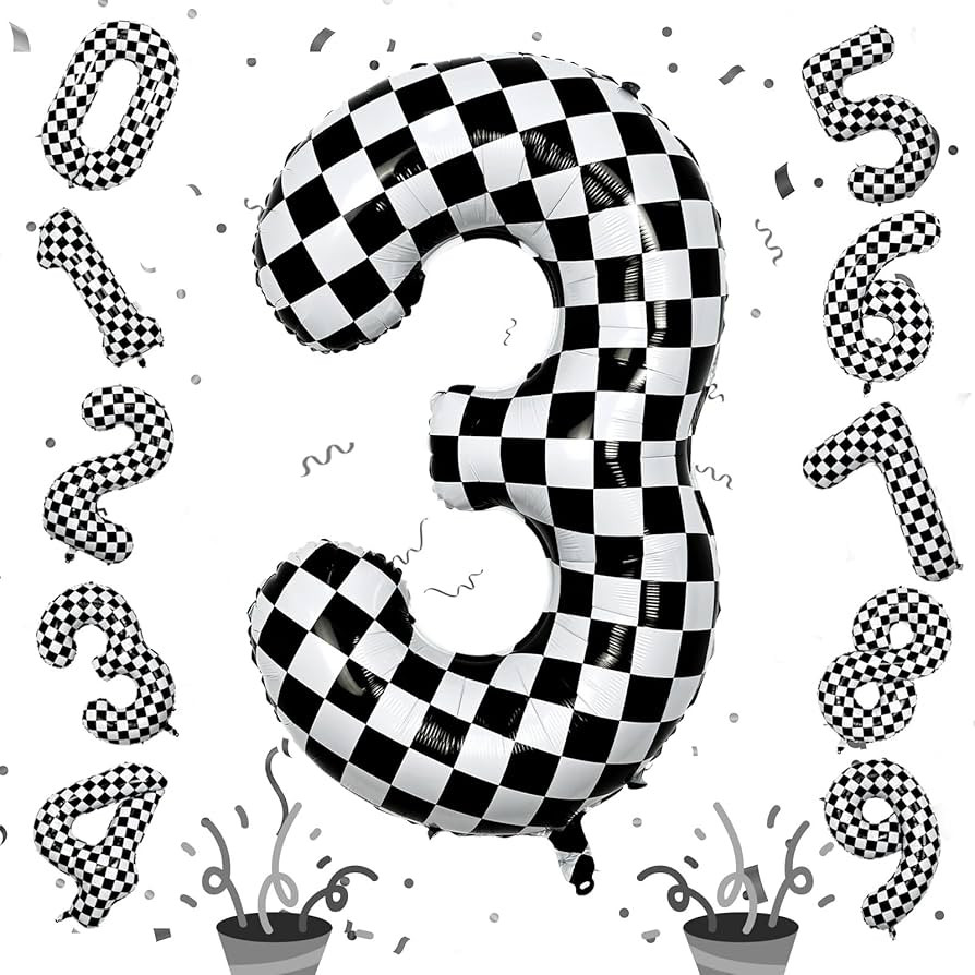 3rd Birthday Number Balloons for Boys, 40 Inch Checkered Racing Foil 3 Balloons, Self Inflating H... | Amazon (US)