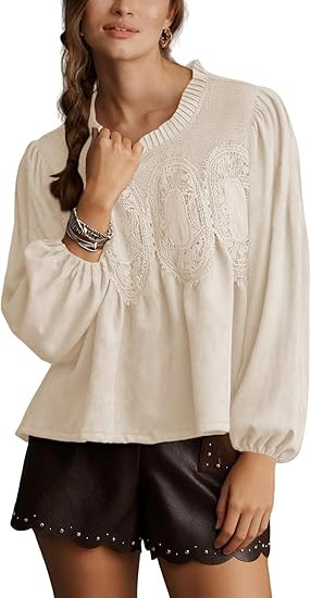 Lentta Women's Lace-Detail Suede Flared Blouse Long Sleeve Crew Neck Swing Babydoll Tops Elegant ... | Amazon (US)