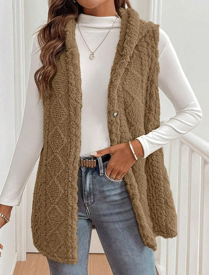 ZAFUL Long Vest for Women Sleeveless Button Down Plush Hooded Vest Winter Outerwear Vest Coat | Amazon (US)