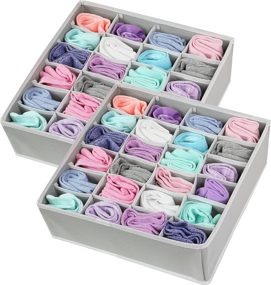 Simple Houseware 2 Pack Closet Socks Organizer, 24 Cell Drawer Divider, Grey | Amazon (US)