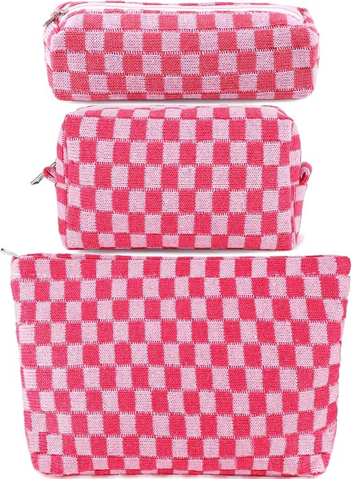 ZLFSRQ 3Pcs Makeup Bag Checkered Cosmetic Bag Set Travel Toiletry Bags for Purse Large Small Make... | Amazon (US)