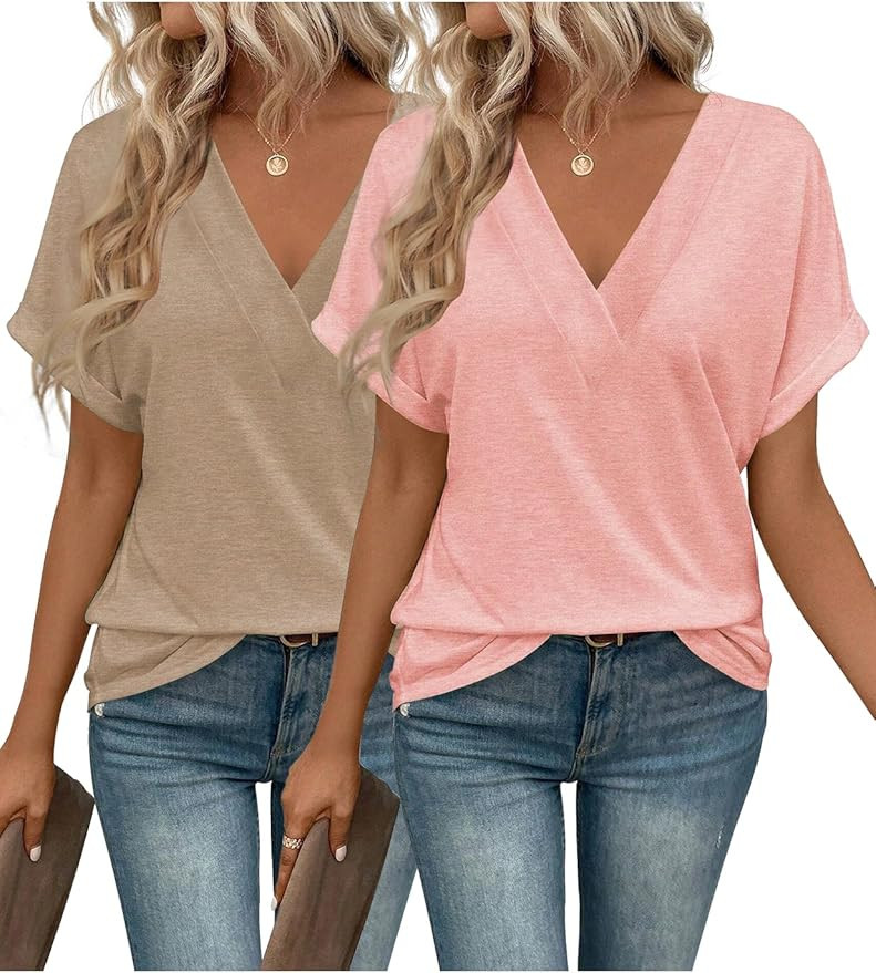 2 Pack T Shirts Short Sleeve V Neck Tees Womens Fashion Tops Trendy 2025 Casual Summer Spring Out... | Amazon (US)