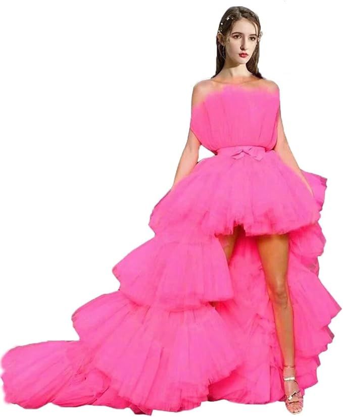 FTBY Women Tiered High Low Prom Dress Bow Sash Tulle Homecoming Pageant Dresses Hot Pink Long | Amazon (US)