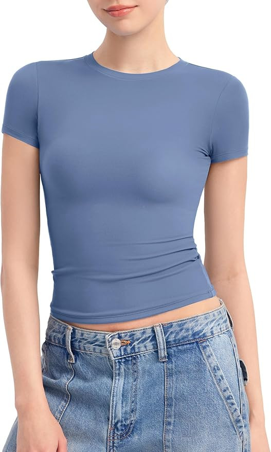 PUMIEY Women's Crew Neck Short Sleeve Tops Double Lined Slim Fit T Shirts Basic Tee Smoke Cloud P... | Amazon (US)
