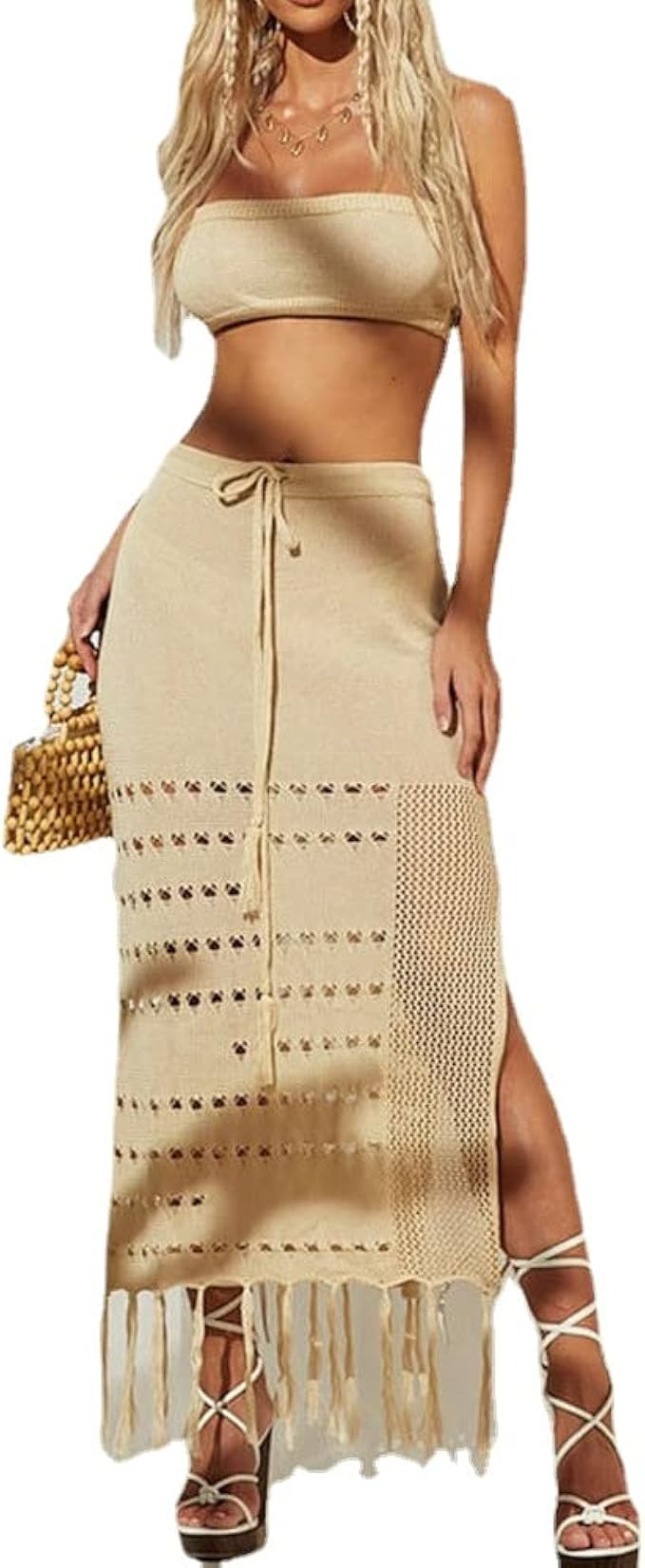 Women 2 Piece Beach Bikini Cover Up Suit Beachwear Bandeau Top Tassel Split Skirt Set Lace Croche... | Amazon (US)