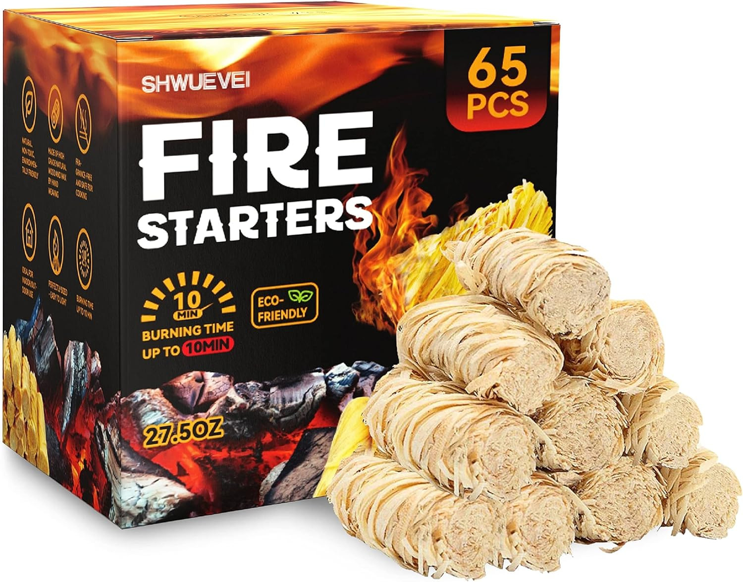 65 pcs Fire Starter - Natural Fire Starters for Fireplace, Pellet Stove & Wood, Fire Pit, Smoker,... | Amazon (US)