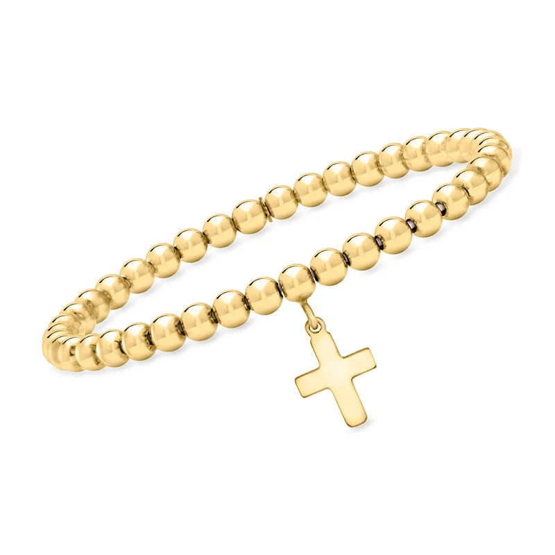 Italian 5mm 18kt Gold Vermeil Bead Stretch Bracelet with Cross Charm | Ross-Simons