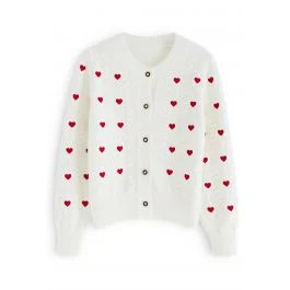 Hearts Embroidered Emboss Knit Buttoned Cardigan in White | Chicwish