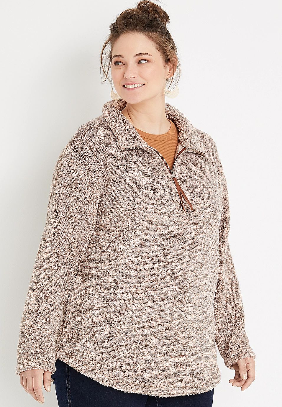 Plus Size Lodge Brown Quarter Zip Sherpa Sweatshirt | Maurices