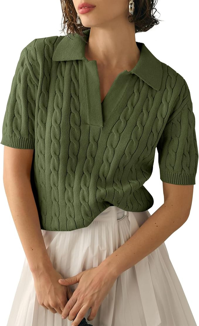 Imily Bela Women's Cable Short Sleeve Sweaters Tops Solid Lapel V Neck Knit Casual Soft Pullover ... | Amazon (US)