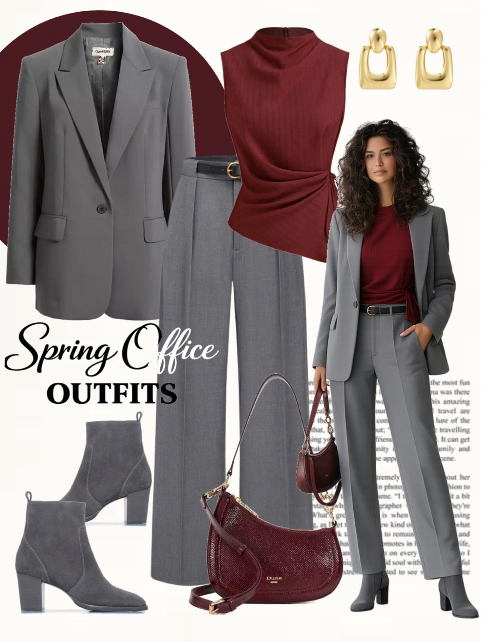 Grey tailored blazer with matching grey straight-leg trousers, deep burgundy draped top, grey ankle boots, burgundy shoulder bag, and gold statement earrings.
#workwearstyle #springoutfits #neutralstyle

#LTKootd #LTKWorkwear #LTKOver40