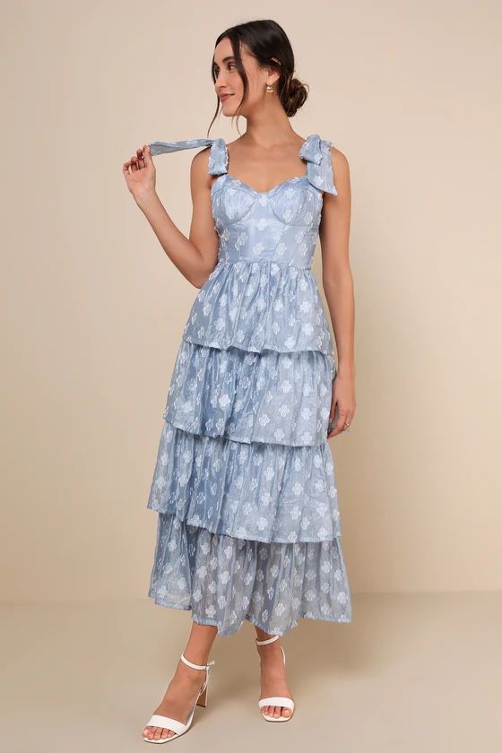 Gorgeous Excellence Light Blue Floral Burnout Tiered Midi Dress | Lulus