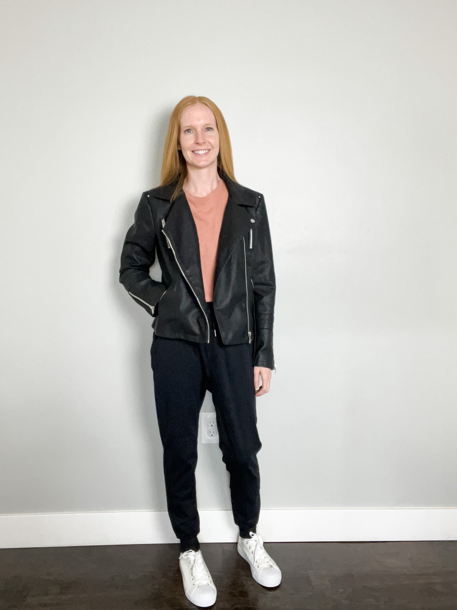 Wearing size XS in jogger pants. Black jogger pants with faux leather jacket, pink shirt, and white sneakers. Jogger pants outfit, faux leather jacket outfit, fall outfit, spring outfit, winter outfit, casual outfit ideas, women’s fashion  

#LTKstyletip #LTKtravel #LTKfit