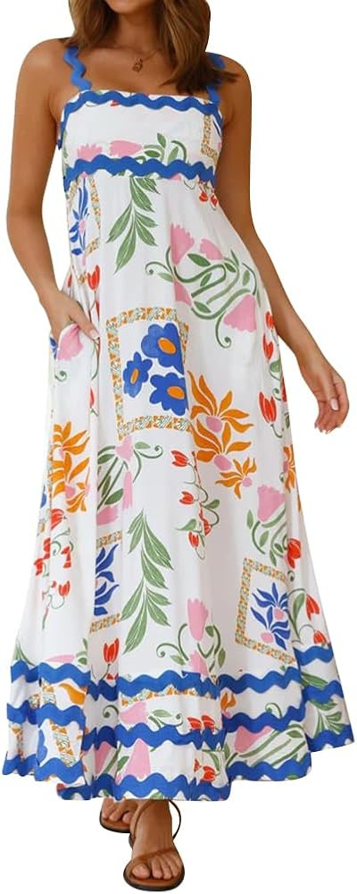 IDOPIP Womens Summer Casual Dress Beach Floral Maxi Dress Elegant Spaghetti Sleeveless Smocked Su... | Amazon (US)