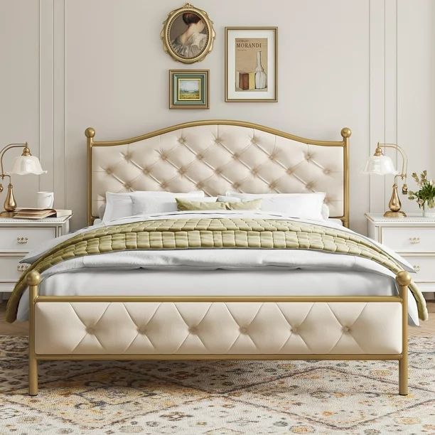 Homfa King Size Bed, Platform Bed Frame with Tufted Upholstered Headboard, Beige - Walmart.com | Walmart (US)
