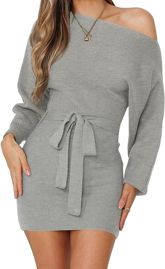 ZCSIA Women's Long Batwing Sleeve Boat Neck Off Shoulder Tie Waist Knitted Bodycon Mini Sweater D... | Amazon (US)